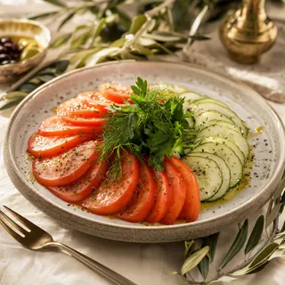 Sliced tomato and cucumber